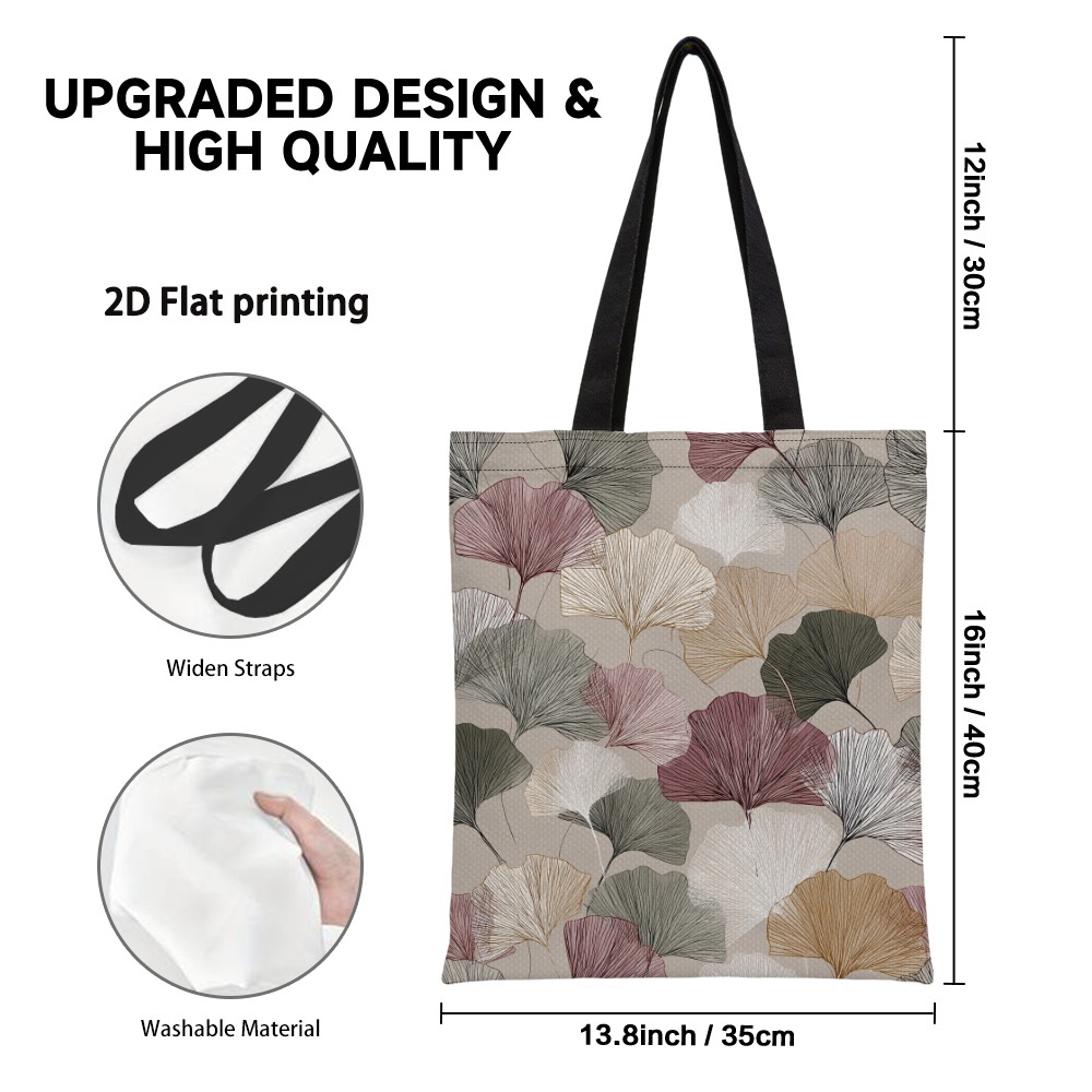 TEMU 1pc 2d Flat Reusable Grocery Bags Autumn Colored Ginkgo Leaves Print Convertible Backpack Shoulder Bag, Spacious Polyester Canvas Handbag For