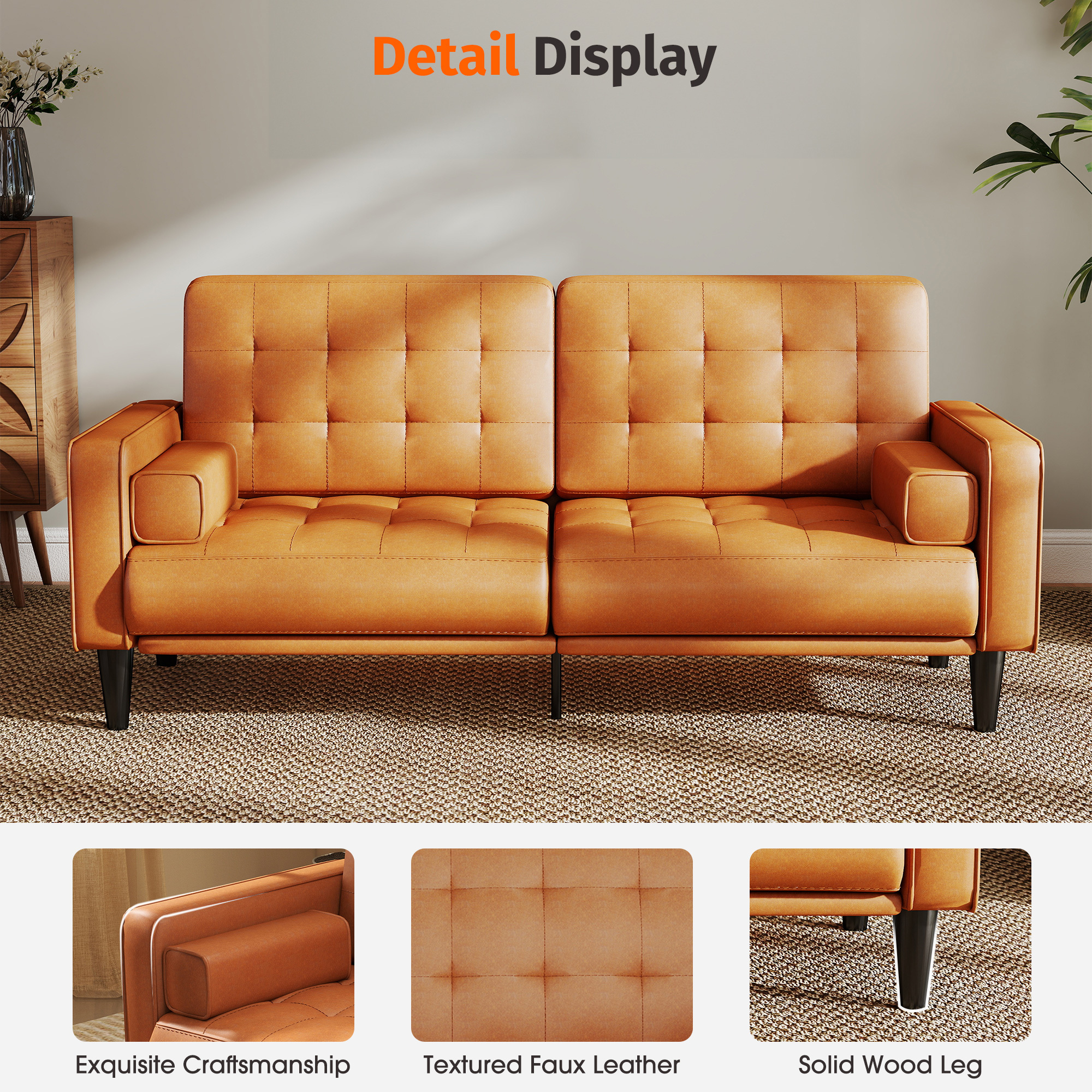 70inch Mid-Century Modern Couch, Breathable Faux Leather Couch with Upholstered Cushions/Pillows, Metal Decorative Legs. Combines Comfort And Durability, for Living Rooms/Offices, Convenient And Practical, Easy to Assemble.