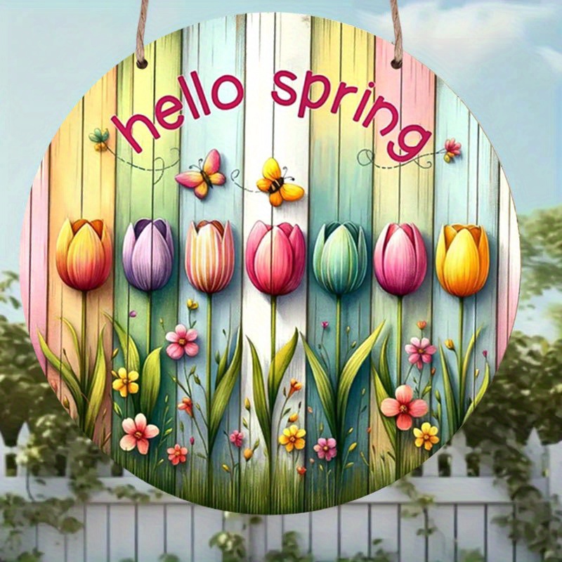 

1pc Wooden Hanging Sign, Decorative Seasonal Wall Art, With Tulips And Butterflies, For Easter And Spring Celebrations