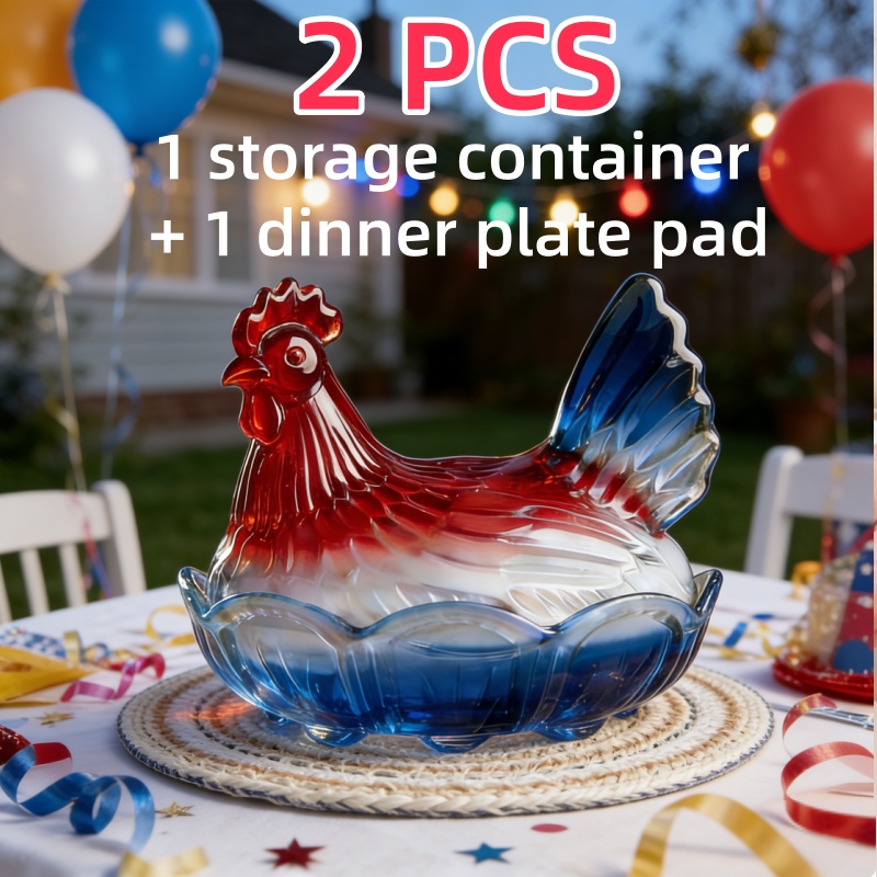 TEMU A Two-piece Patriotic Glass Hen Nest Featuring A Lidded Candy Dish And A Plate Mat In A Red, White, And Blue Gradient, Perfect For Day, Memorial