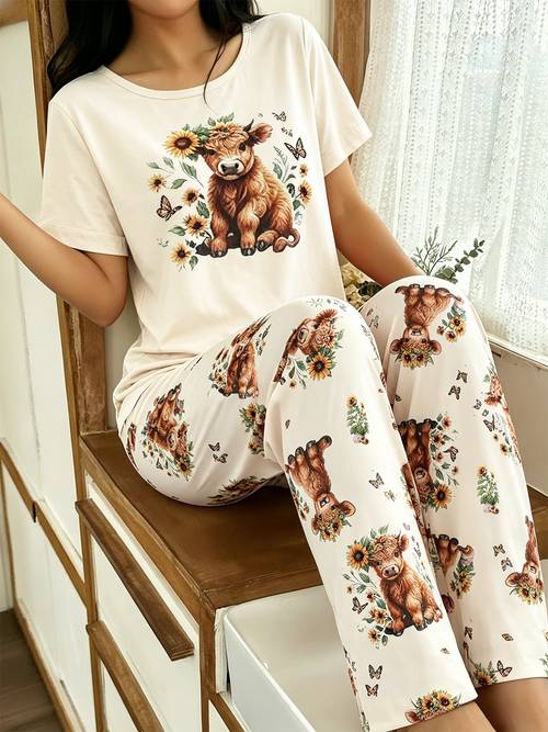 womens highland cow sunflower and print crew neck short sleeve long pants casual style pajama set