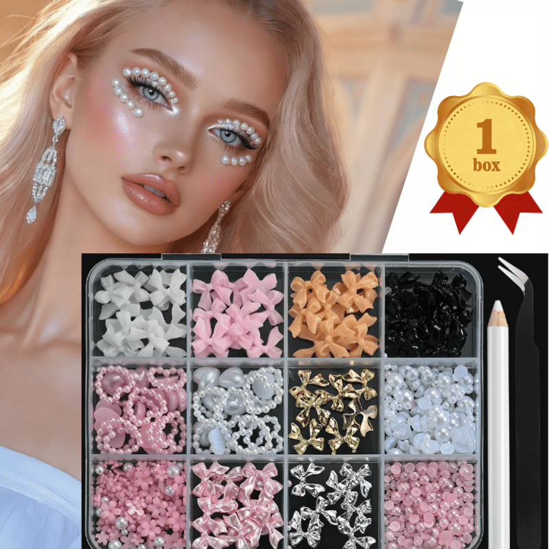 TEMU Ein Set Nagelcharms mit rosa Schleifen und Herzdesigns, zusammen mit Harzblumen und Perlendekorationen. Diese glitzernden Strass-Verzierungen