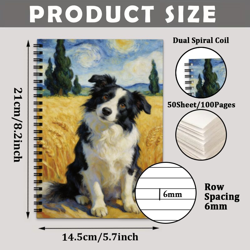 TEMU 1pc A5 Spiral Notebook With Lined Pages, Featuring 100 Pages And A Design Of A Border Collie In A Van Gogh Style Wheat Field. Ideal For Travel