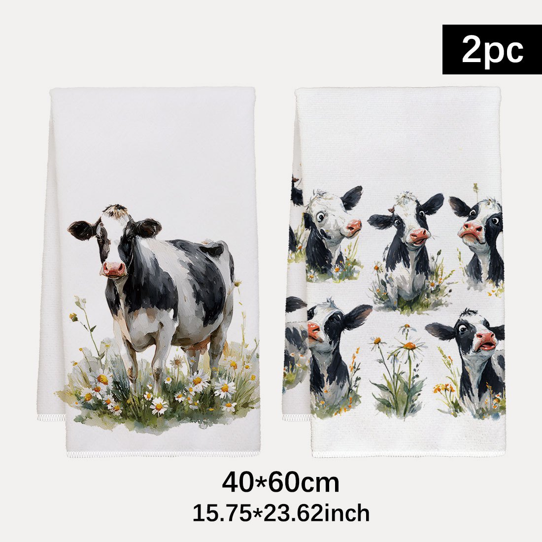 A Set Of 2 Kitchen Towels Featuring A Cow Theme, With Watercolor-style Cow And Designs, Measuring 15.7x23.6 Inches. Used As Dishcloths, Scrubbing Cloths, Or Decorative Items For Tea Sets