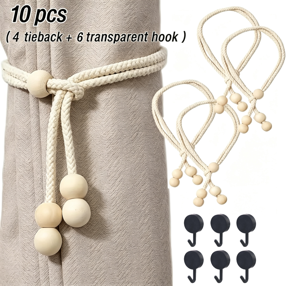 TEMU 10pcs Set Of Wooden Bead Curtain Tiebacks (includes 6pcs Hooks), Adjustable Tightness, Suitable For Living Room, Bedroom, Office, Outdoor And