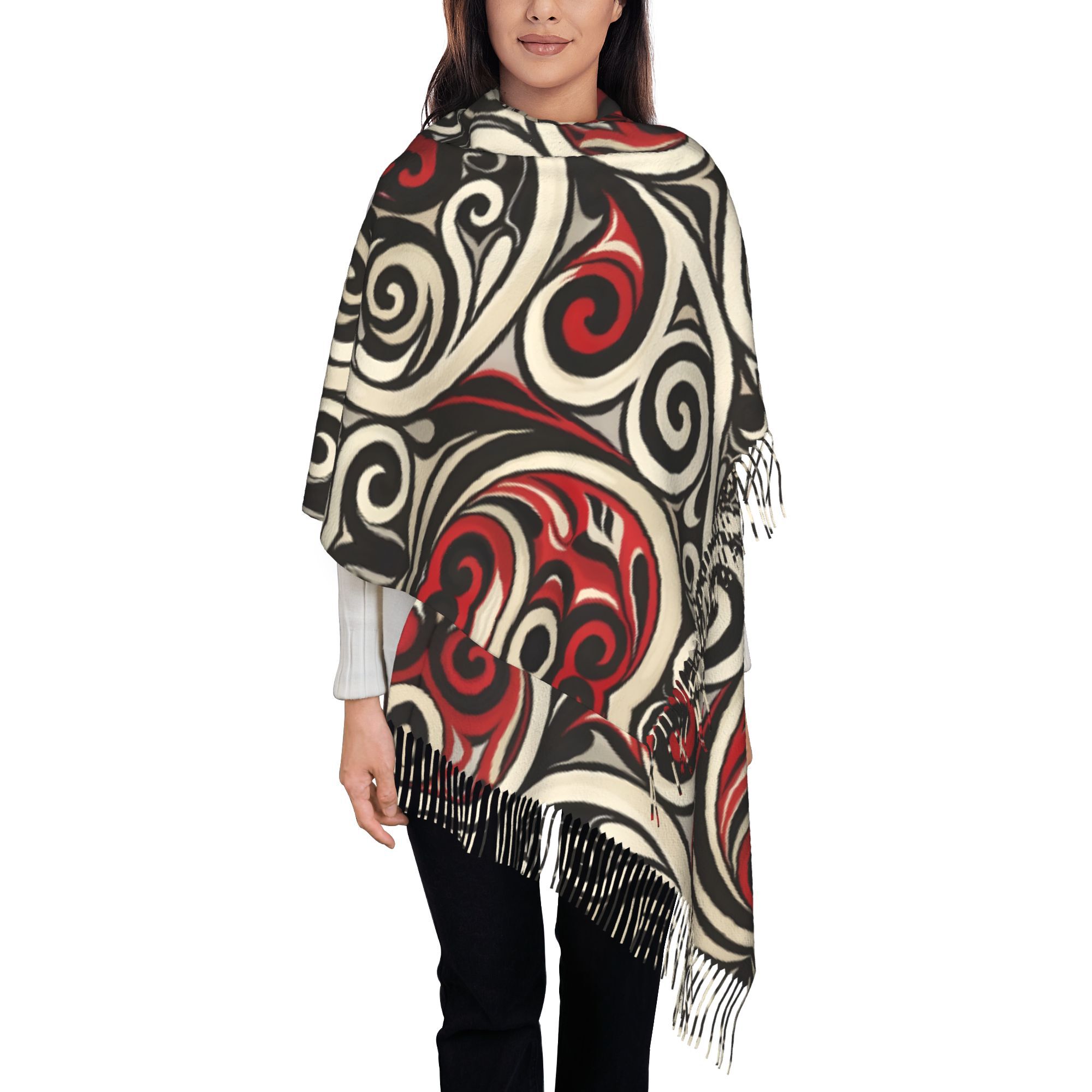 TEMU Unisex Retro Paua Print Koru Fringed Scarf Shawl - Warm Cultural Gift Suitable For Cycling, Birthdays, Christmas, New Year - Cultural Accessory