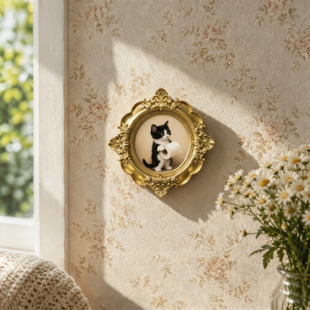 TEMU 1 pièce Décoration murale vintage baroque avec cadre doré, porte-rouleau de papier toilette amusant chat/souris, petit ornement mural à