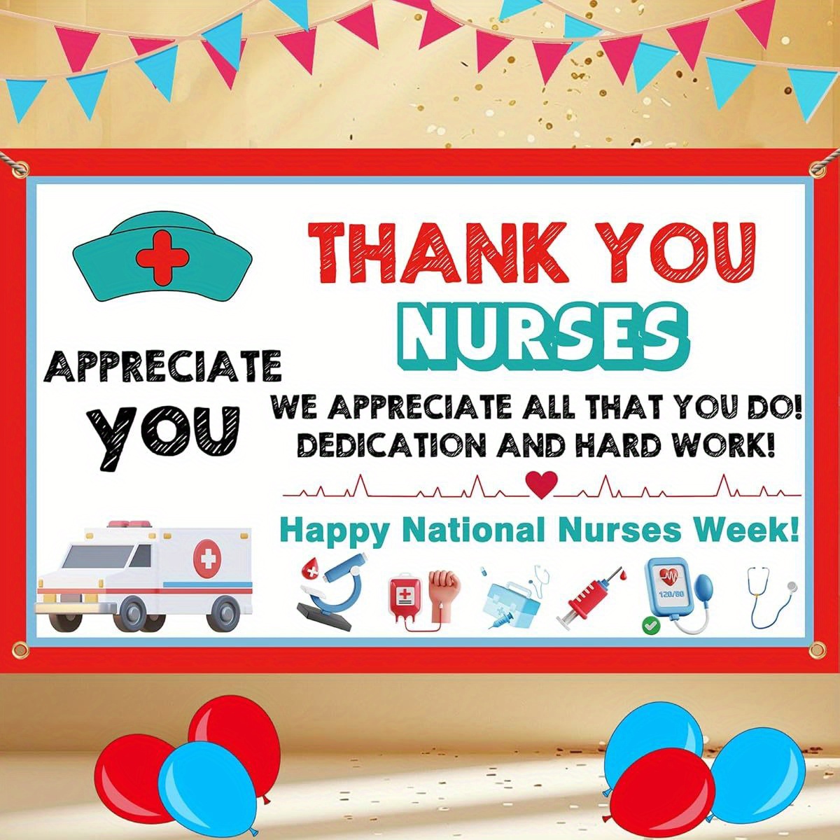 Happy Nurse Week Banner, Gold And Red Glitter Thank You Nurse We Appreciate You Banner, Happy Nurses Day Decorations