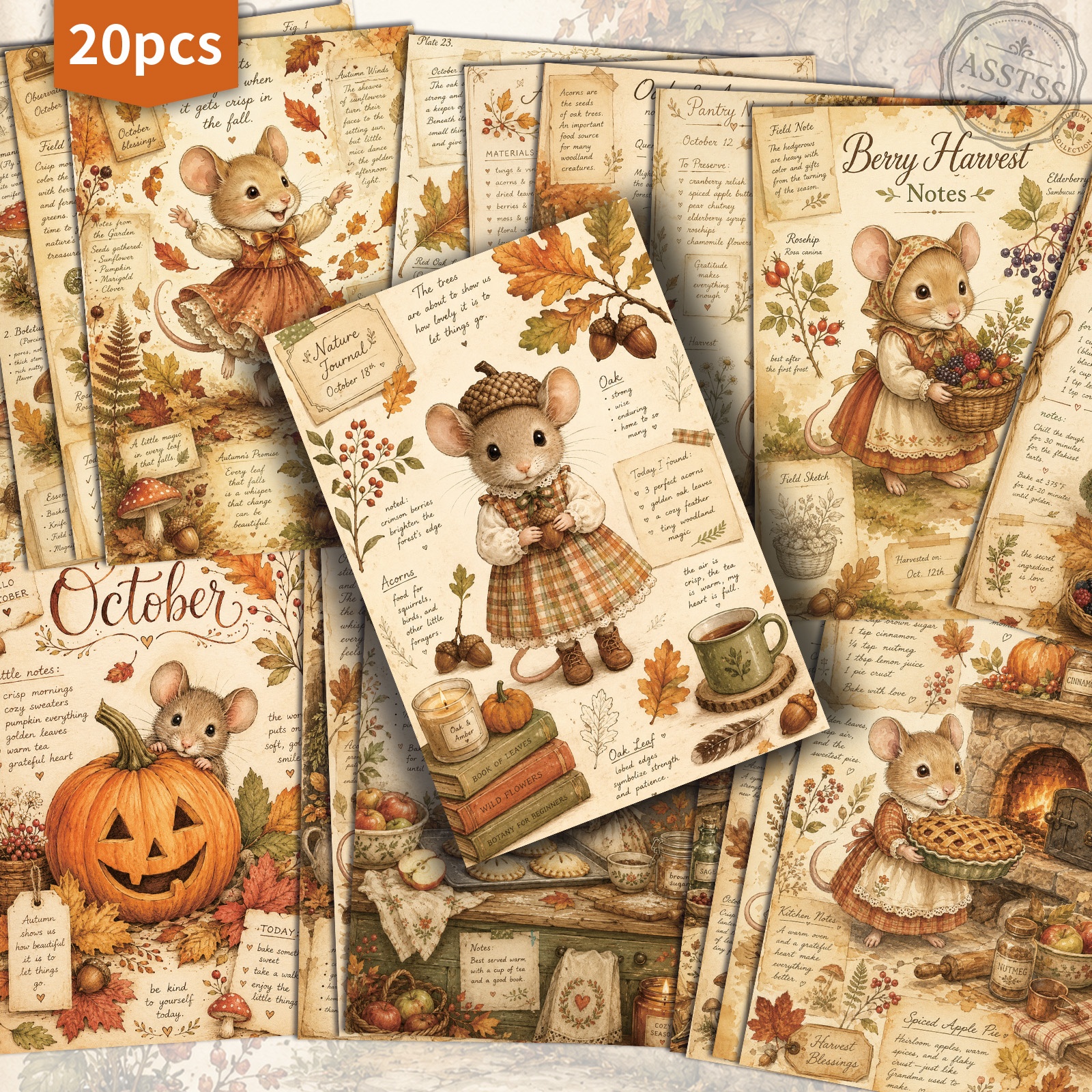 TEMU 20-pack Asstss Vintage Autumn Cute Mouse Postcards - 4x6 Inches Retro Junk Journal Supplies, Classic Pinup Illustrations Collectible Decorative