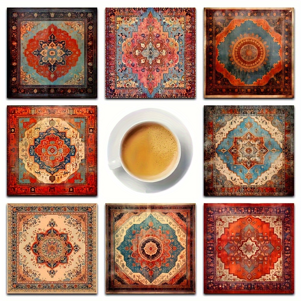 TEMU 8pcs Persian Pasian Carpet Red Pattern Coasters, Square Wooden Coaster Set, Car Coasters, Tea Coasters, Coffee And Drink Mug Coasters, Suitable