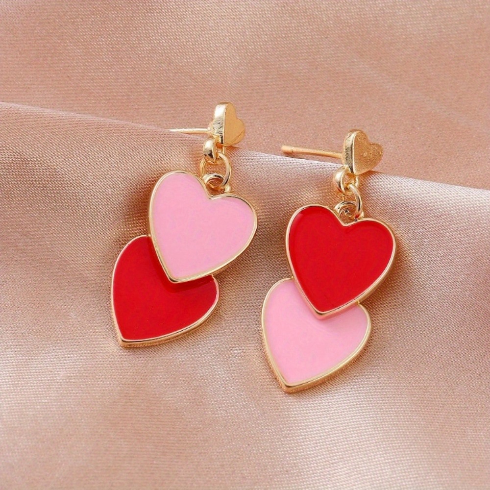 

1 Pair Of Chic Double-layer Heart-shaped Alloy Dangle Earrings With Enamel - Ideal For & , Perfect Valentine's Day Gift For Women, Novelty Earrings
