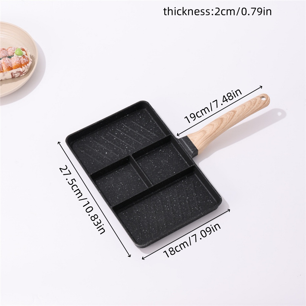 사각 비스틱 마이판 스톤 프라이팬, 나무 손잡이 - bpa 프리, 완벽한 아침 계란용 구획, 튼튼한 알루미늄 쿠커, 계란 프라이팬