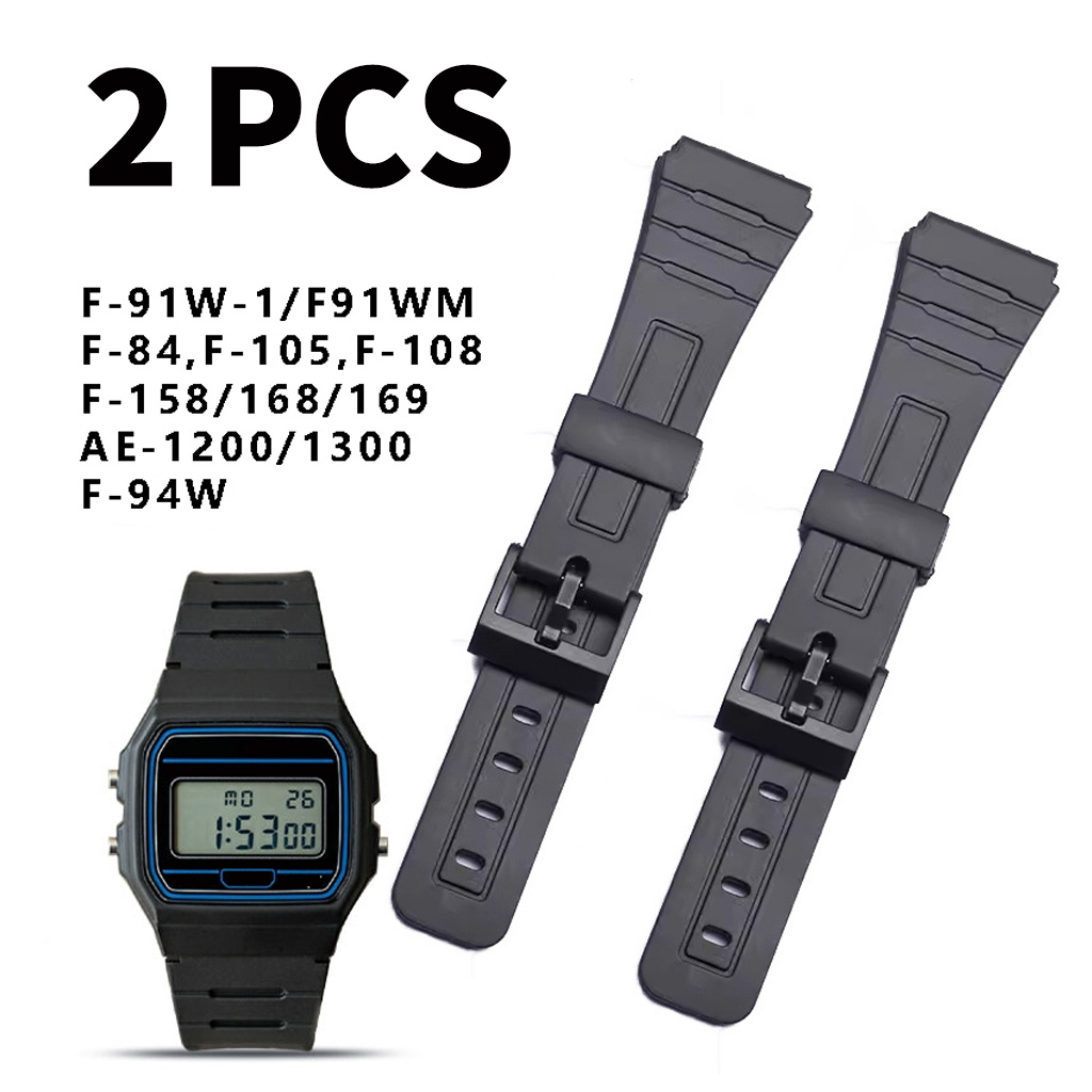 TEMU 2pcs Soft Watchband Replacement Strap For F-94w F-84w F91wm F-84w F-94w A168w A158 Ae-1200 Ae-1300 Watch Wrist Watchbands, Black Sports