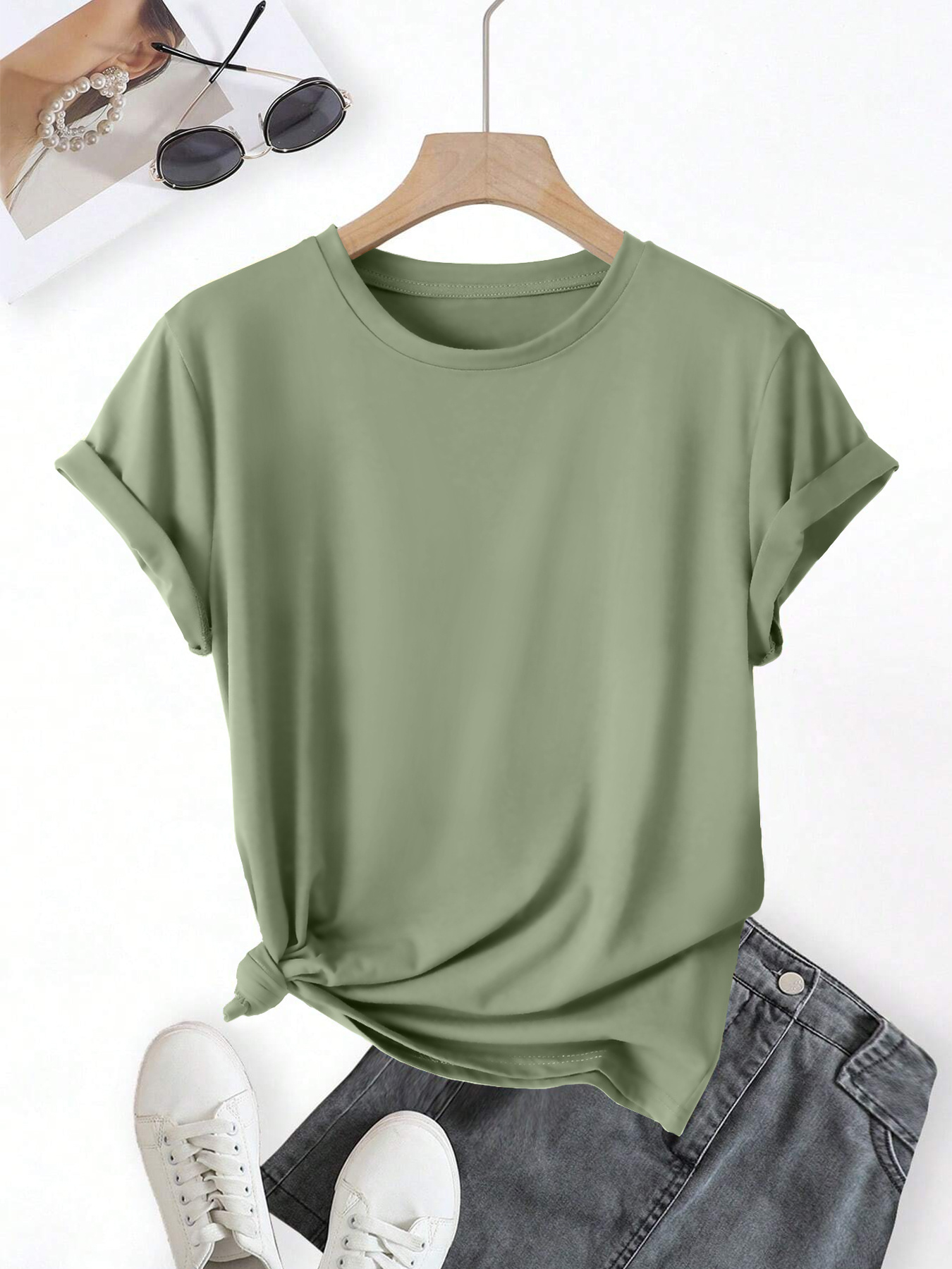 womens casual solid color fiber t shirt olive green Temu United