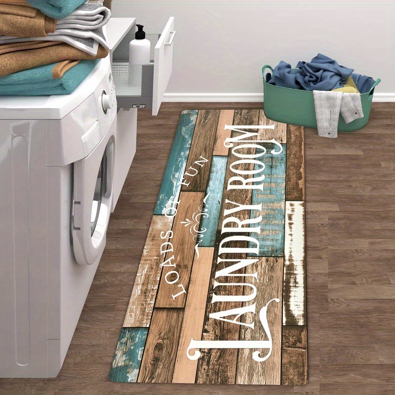 TEMU 1pc Rustic Laundry Room Mat - Soft Flannel, Non-slip Backing, Machine Washable Floor Mat With Wooden Plank & For Kitchen, Living Room, Bedroom,