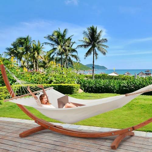 2 person heavy duty wood hammock with stand suitable for backyard garden patio indoor use breathable oxford coated canvas double hammock sturdy frame for outdoor furniture for balcony or