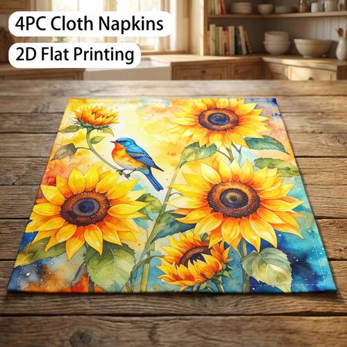 2d flat printing 4pcs cloth napkins with watercolor sunflower bluebird warm fabric napkins minimalist and stylish perfect decorations for restaurants weddings party events ideal gifts for