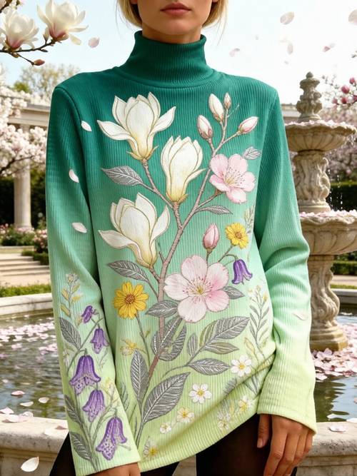 plus size womens turtleneck long sleeve sweater boho casual magnolia mixed flower print relaxed fit turtleneck vacation printed design
