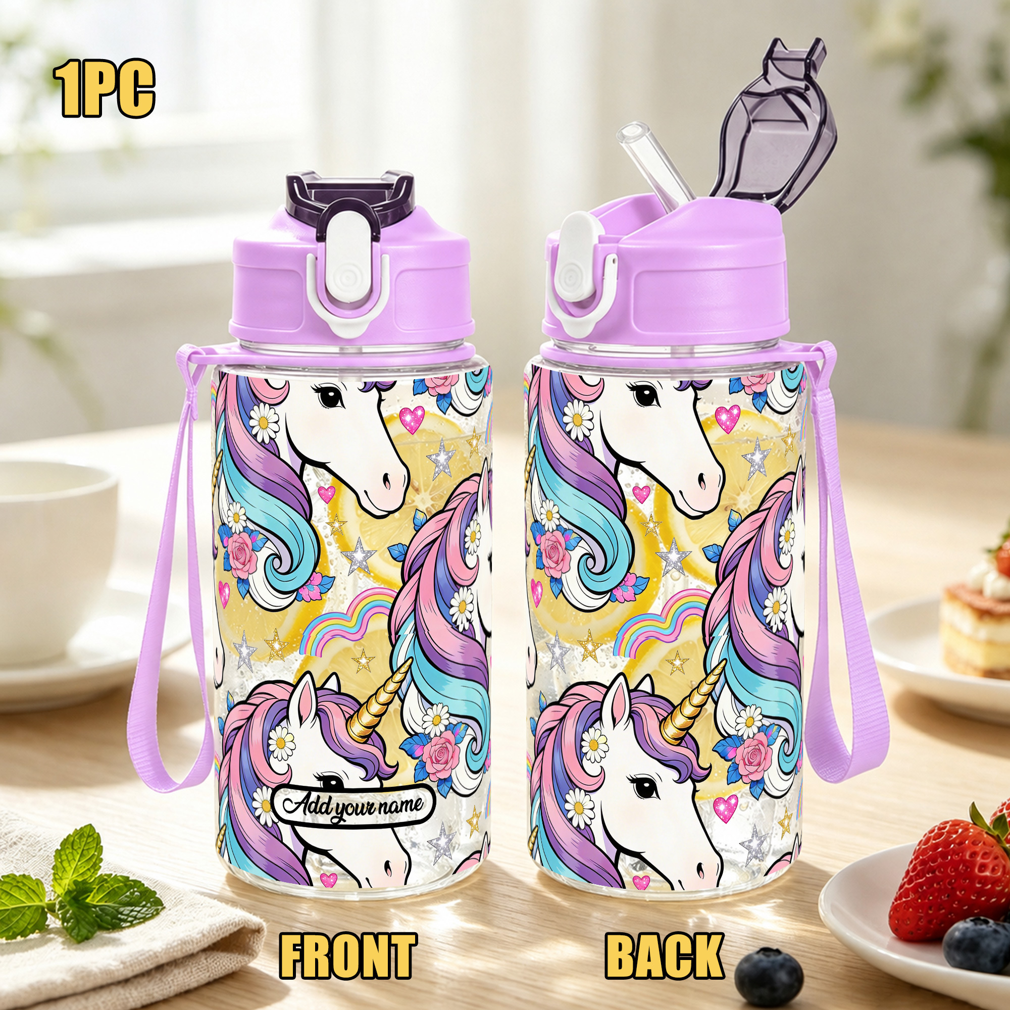 TEMU 1pc, 16oz/480ml Personalized Water Bottle With Name Leak Proof Custom Sport Water Bottle Cute Unicorn Print Reusable Drinking Cup For School Gym