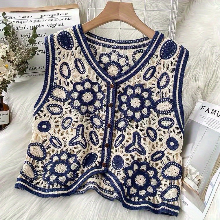 Women'S Bohemian Geometric-Patterned Sleeveless Vest - V-Neck, Lightweight Acrylic Fabric, Casual Summer Style with Hollow Detail, Perfect for Beach or Casual Attire