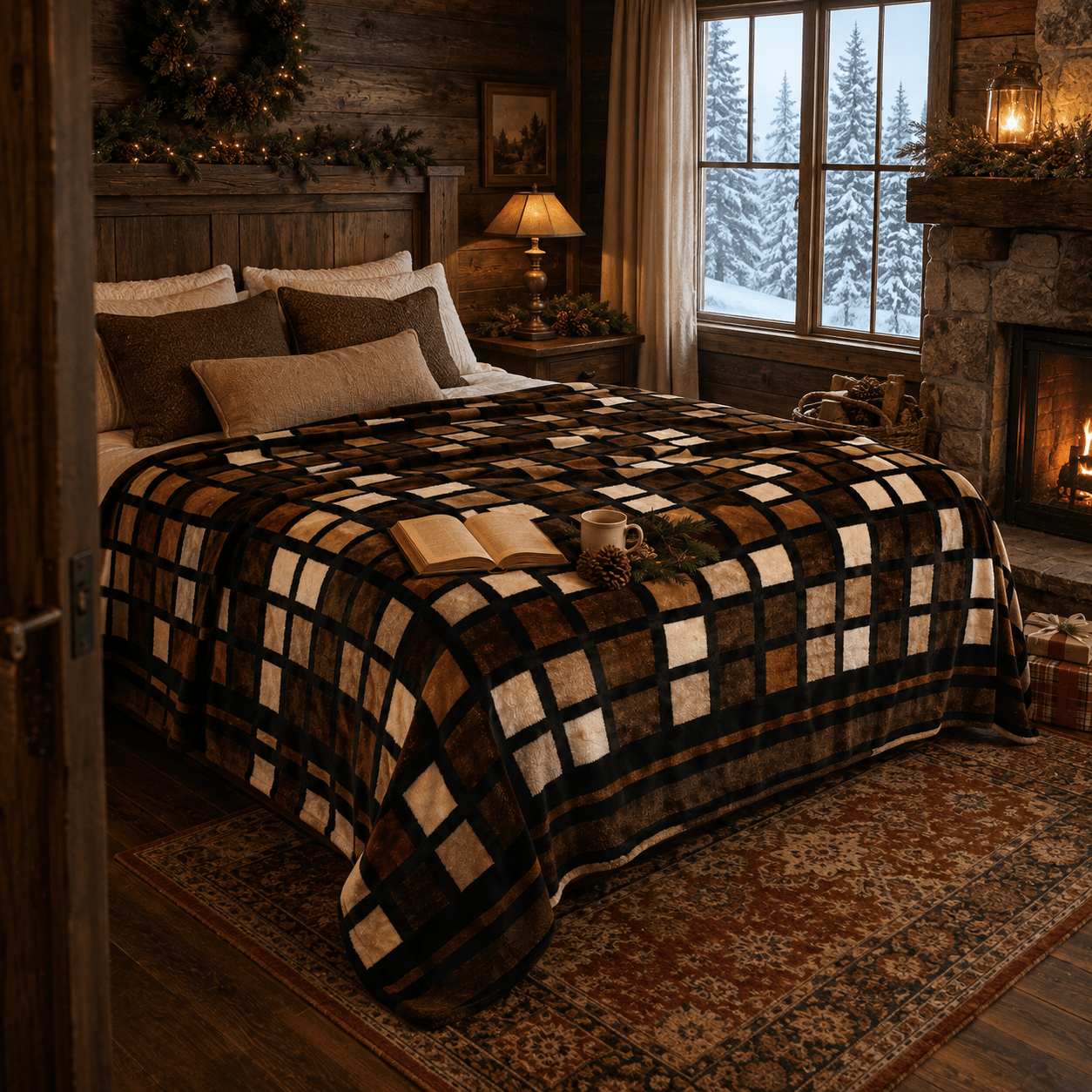 TEMU Cozy Plush Flannel Blanket, Rustic Cottage Geometric Blanket, Super Soft Warm Winter Bedspread, For Couch Bed, Queen& King Size, Black Pattern