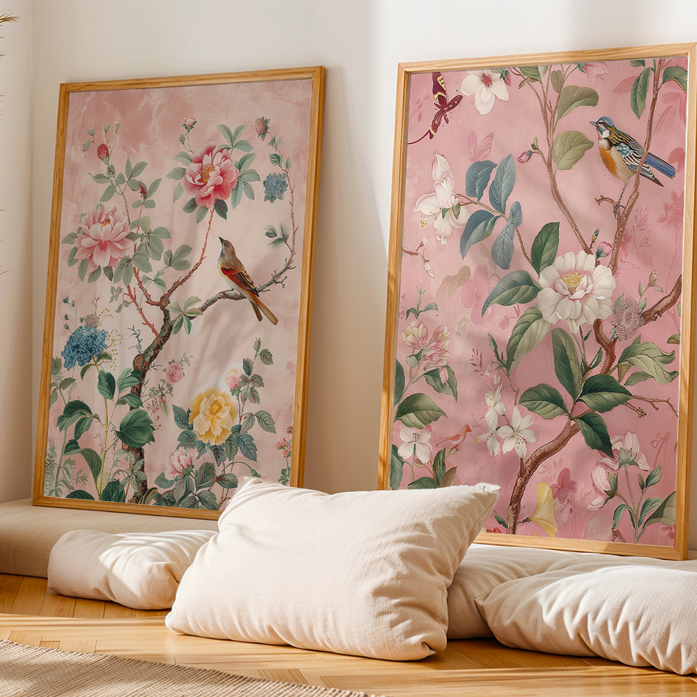 TEMU 2d Flat, 2pcs Set Of 2 Floral Vintage Wall Arts Birds And Flowers Posters Botanical Canvas Prints Nature Wall Decor Canvas Art Print For Living