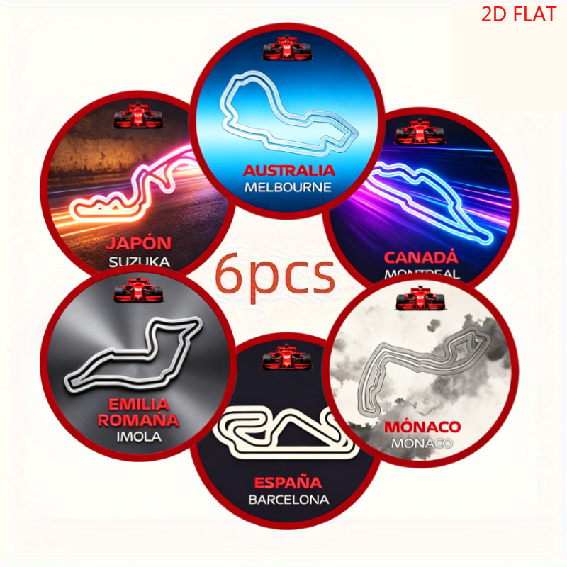 TEMU 2d Flat, 6pcs Set, 6 Different Styles Of Formula Racing-themed Wooden Coasters. For Racing Enthusiasts. Housewarming Gift, Racing-style Round
