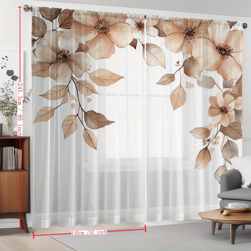 TEMU 2pcs Brown Flower And Leaf Printed Home Decor Sheer Curtains With Rod Pocket, Flowy Curtain Suitable For Kitchen, Cafe, Living Room, Balcony,