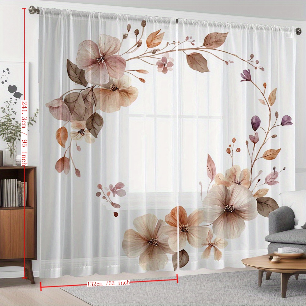 TEMU 2pcs Orange Floral Leaves Printed Home Decor Sheer Curtains With Rod Pocket, Flowy Sheer Drapes Suitable For Kitchen Room Balcony Garden