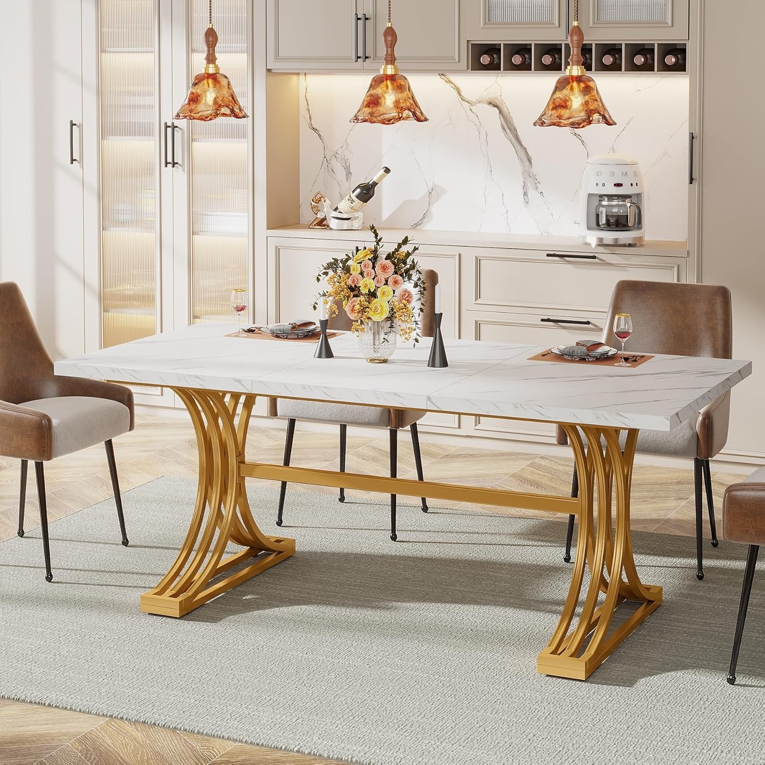 Image of Dining Table 160x80 Cm, For 4-6 People, Modern Kitchen Table With Marble Tabletop, Sturdy Metal Frame In A , Dining Table For The Kitchen Or Living Room, White And Golden