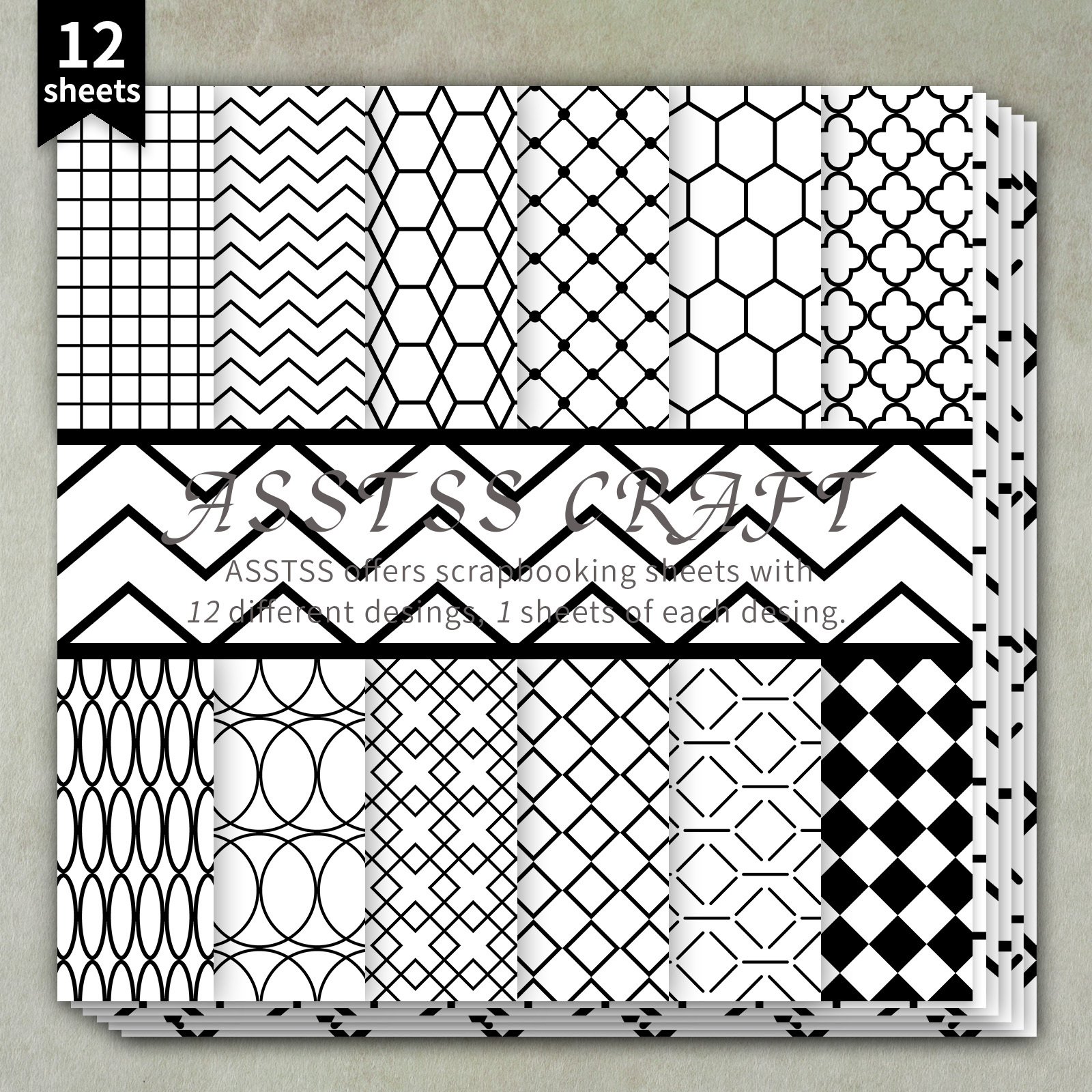 TEMU 12-sheet Asstss Inches Scrapbooking Paper Pad, Black And White Geometric Minimalist Style Backing Paper Supplies, Heavyweight Cardstock For