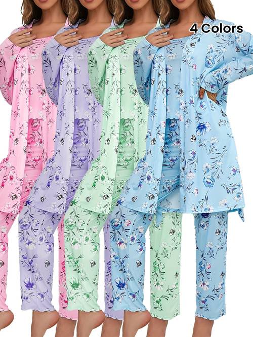 new women floral print sleeveless camisole pajama set 3pcs long pants with long sleeve tie robe spring summer loose casual loungewear relax fashion outfit for sleeping camping dancing daily wear