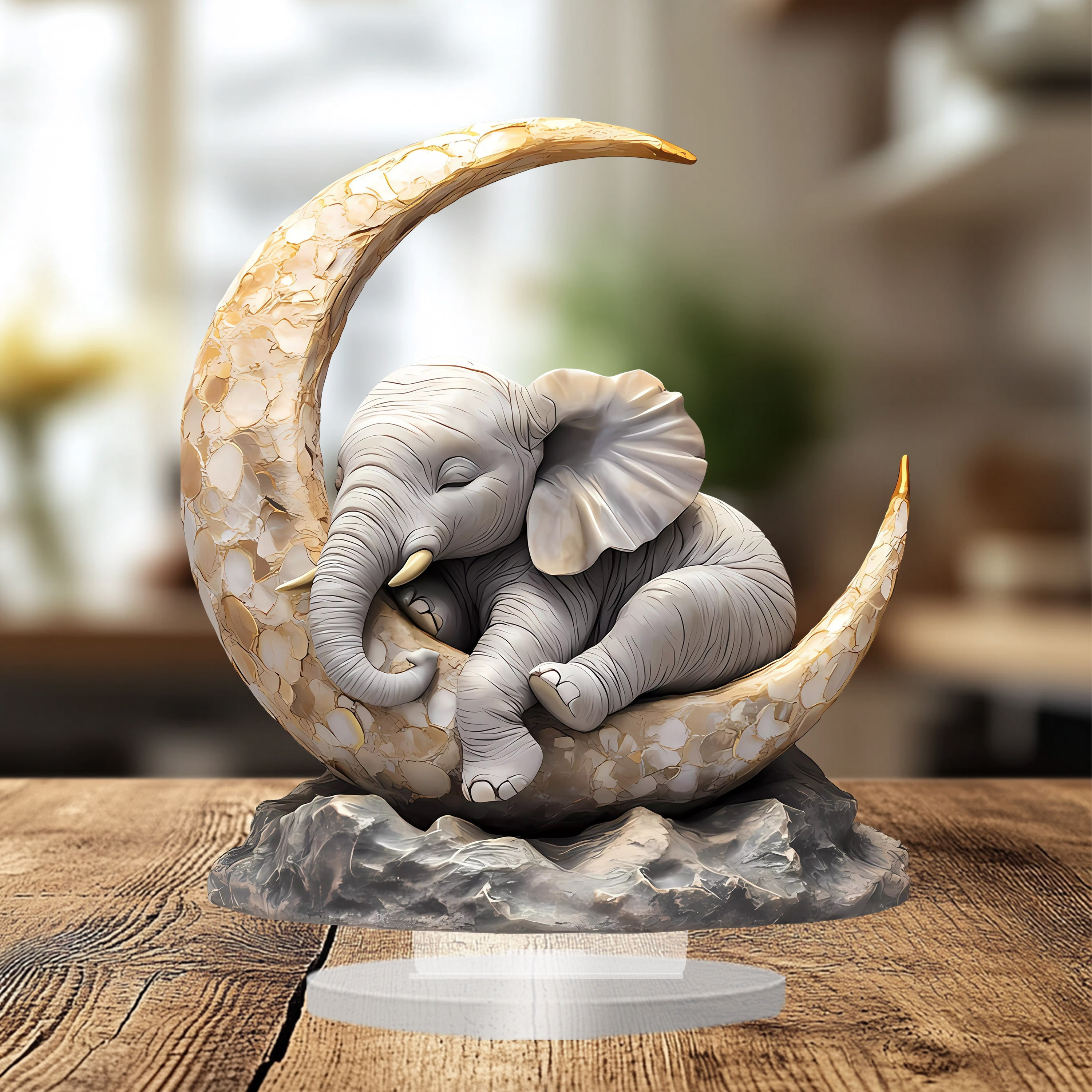 

2d Flat Elegant Bohemian Style Acrylic Elephant On Moon Statue Print - Animal Theme Desk Decor, Perfect Gift For Home, Office, , Wall Accent, Desktop Decoration|moon Shaped Base|