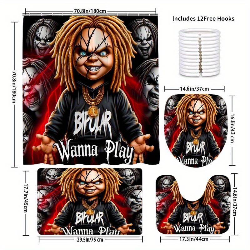 1/ 4pcs: Creative Horror Doll Pattern Shower Curtain, Shower Curtain Set, Non-Slip Bathroom, U-Shaped, Toilet Seat Cover, Halloween Shower Curtain with 12 Durable Hooks, Bathroom Decorations And Additions, Exquisite Holiday Furniture