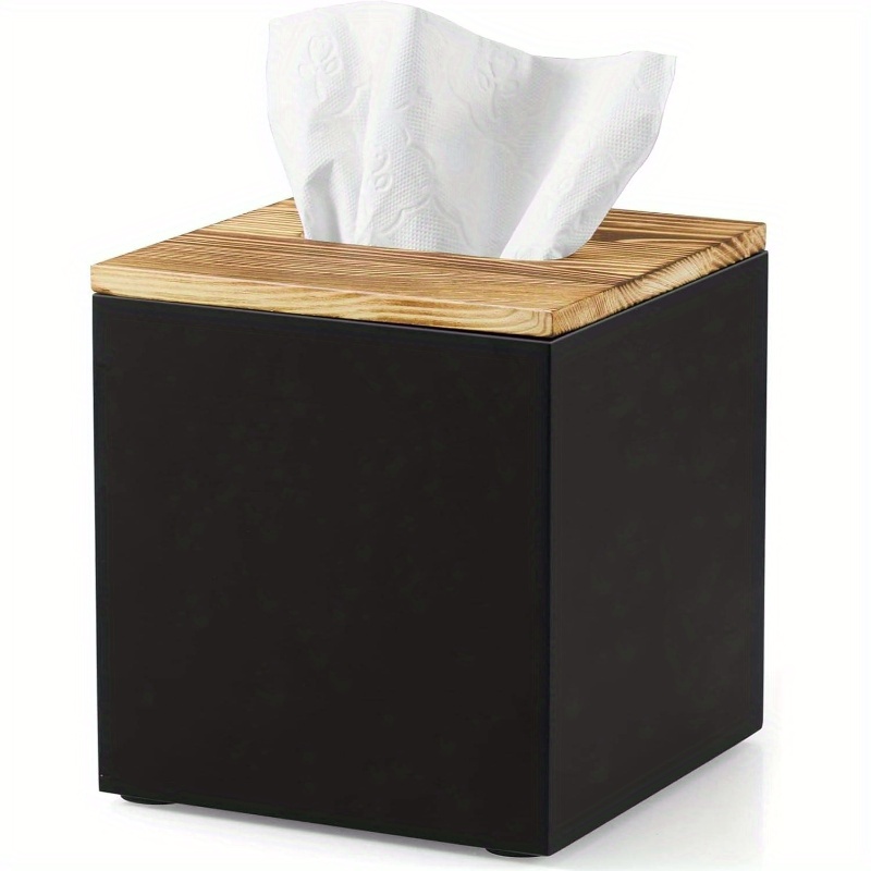 modern black wooden tissue box cover - decorative cube tissue dispenser with top surface, space-saving organizer for bathroom, kitchen, office, living room - compatible with standard tissues,   decor storage solution, tissue holder for bathroom, tissue box for living room, rectangle shape, bathroom layout- bright purple & teal accents Product details 0