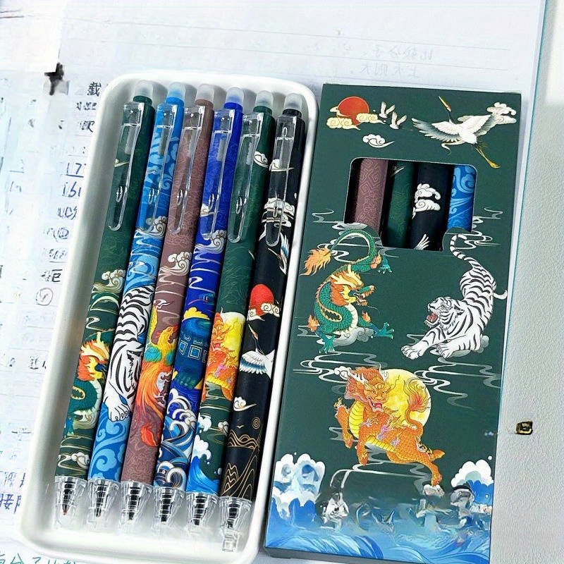 TEMU Conjunto de 6 bolígrafos borrables con tema de mitología china y biología: calidad 0.5mm, escritura , , secado rápido, muy adecuado para y