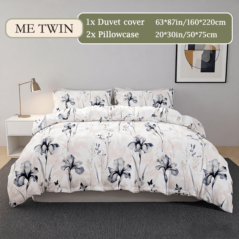 TEMU 3pcs Shallow-bottom Ink Floral Print Bedding (1 Duvet Cover And 2 Pillowcases, No Pillow Inserts, No Filling), Breathable, With Corner Ties,