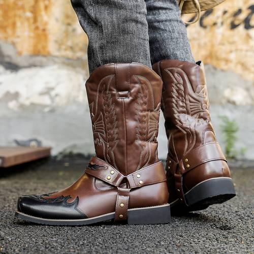 mens british style embroidered long boots fashionable color block square toe zip up mongolian boots versatile knight boots and outdoor denim boots