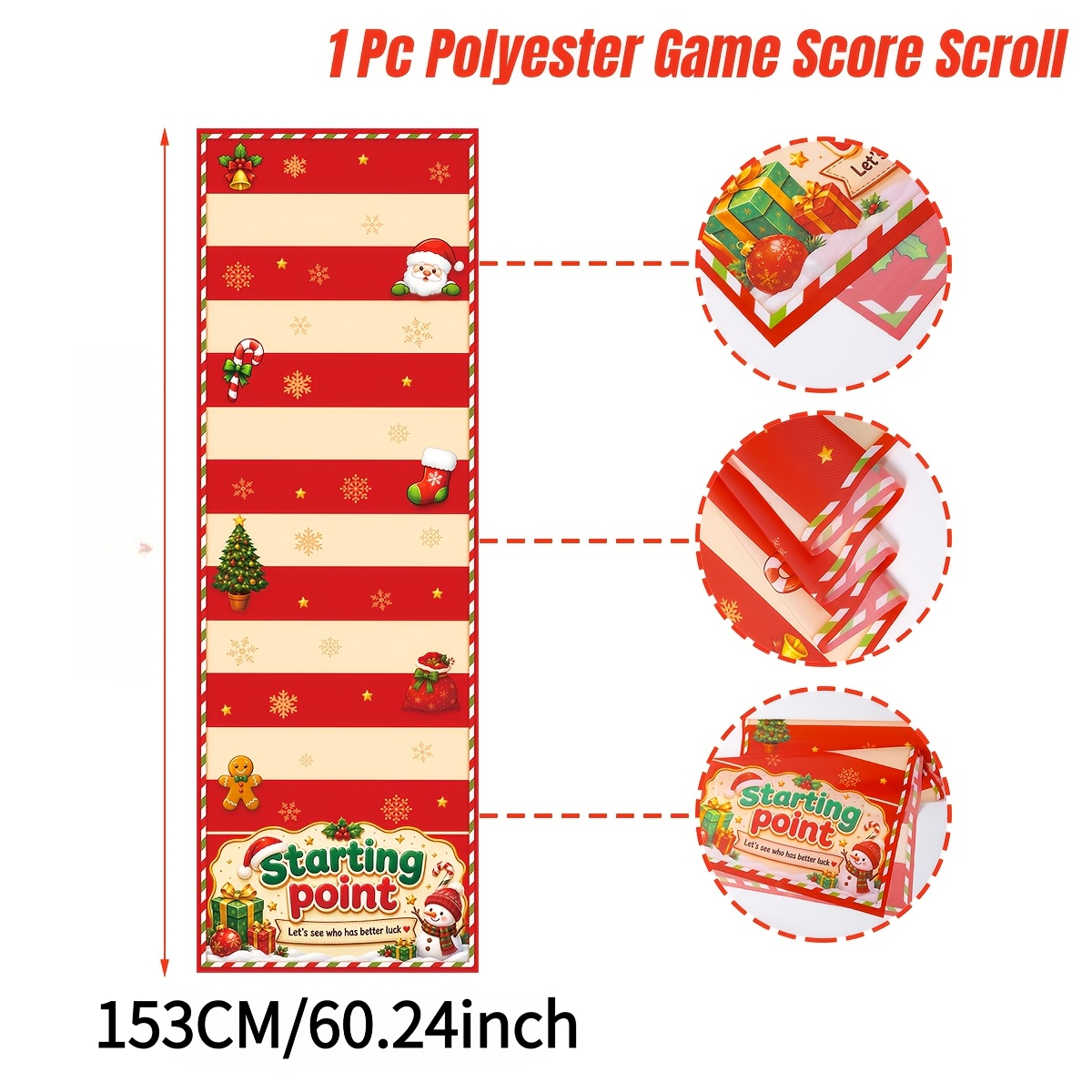 TEMU 1pc Christmas Rolling Game Score Scroll With Santa Claus, Gingerbread & Snowman Patterns - Red & Beige Striped Competitive Board Game Tabletop