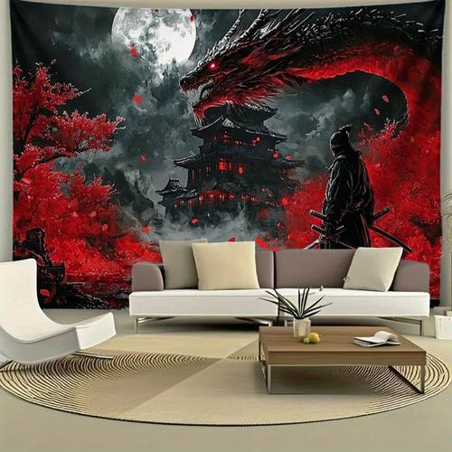 1pc japanese dragon tapestry wall hanging cherry horizontal print for home decor themed party background samurai warrior dragon