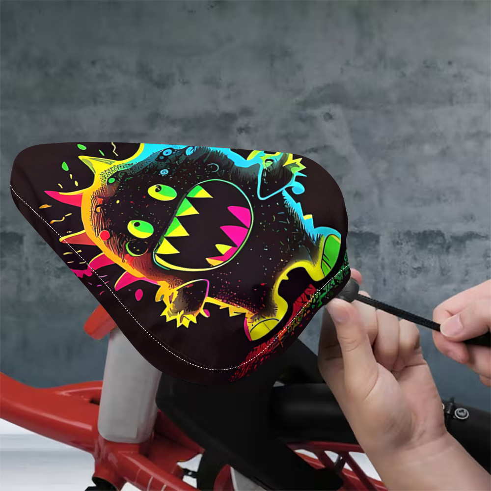 TEMU 1 Housse de selle de vélo imprimée avec motif de de dessin coloré, Housse de coussin de vélo et amusante, Tissu en polyester ajustable et