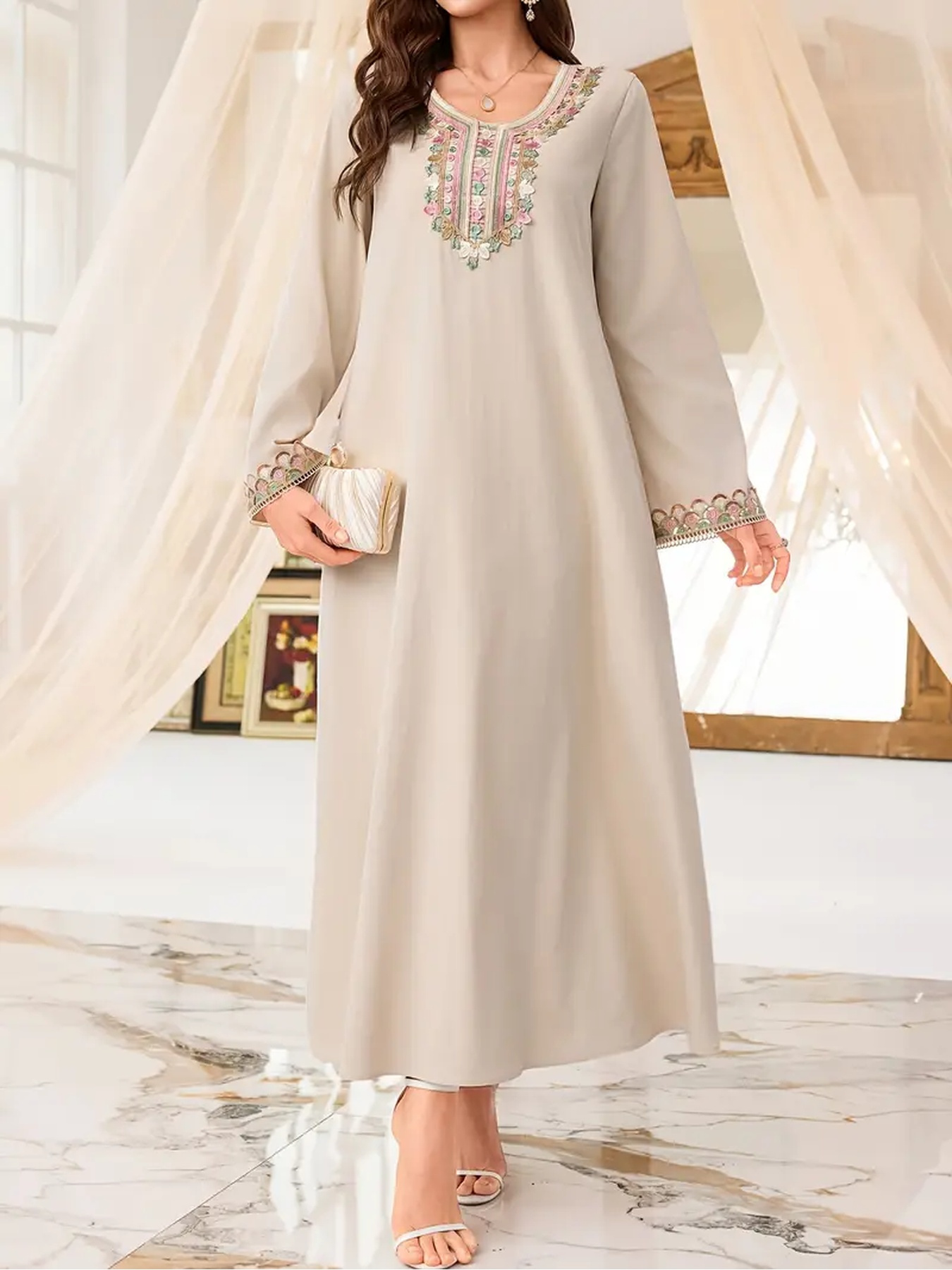beige long sleeve dress casual Embroidered Cream Colored Dress Long Sleeve Dress Lace Collar Cuffs In Solid Color Temu Kuwait group_fall 23 How strict is blizzard Color:PINK/NAVY size features are