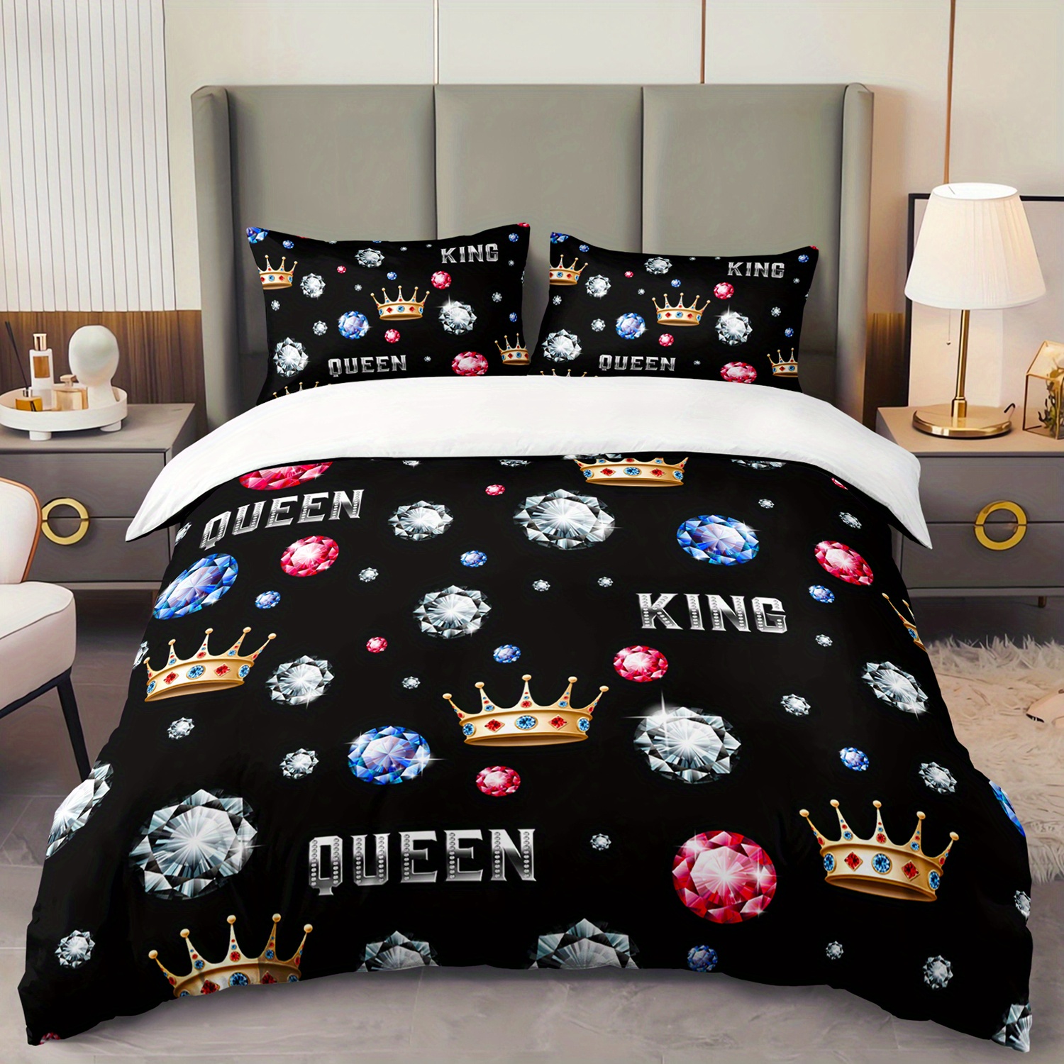 3pcs king queen crowns and diamonds 3  printed duvet cover set romantic couple bedding set for   queen size black bedding for bedroom or   decor polyester comforter cover gift 1 quilt cover 2 pillowcases Product details 0