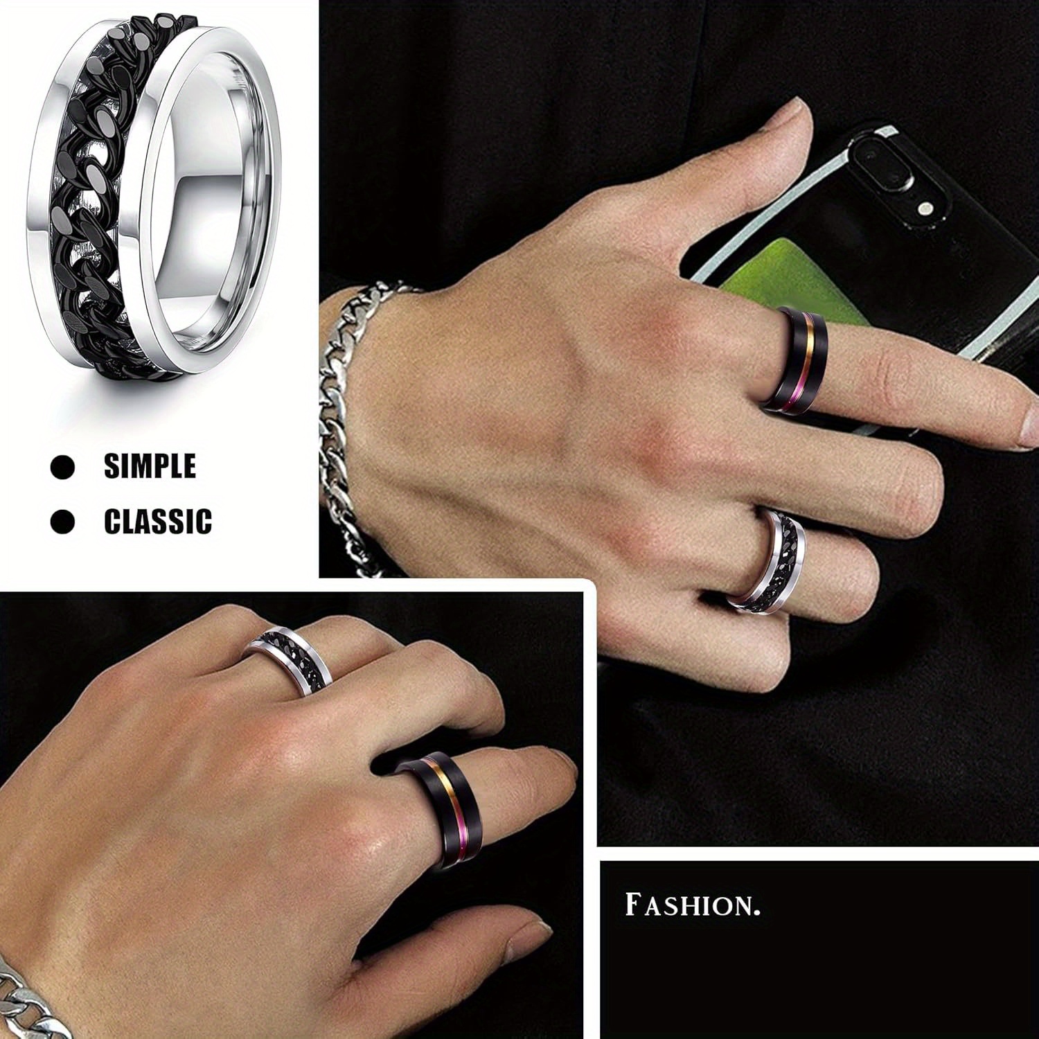 16pcs stainless steel fidget rings for men women stress anxiety relief spinner rings with   chain   fashion accessory set for wedding   casual attire gift   fidget toy rings relax wristwear modern accessory durable construction versatile wristbands Product details 3