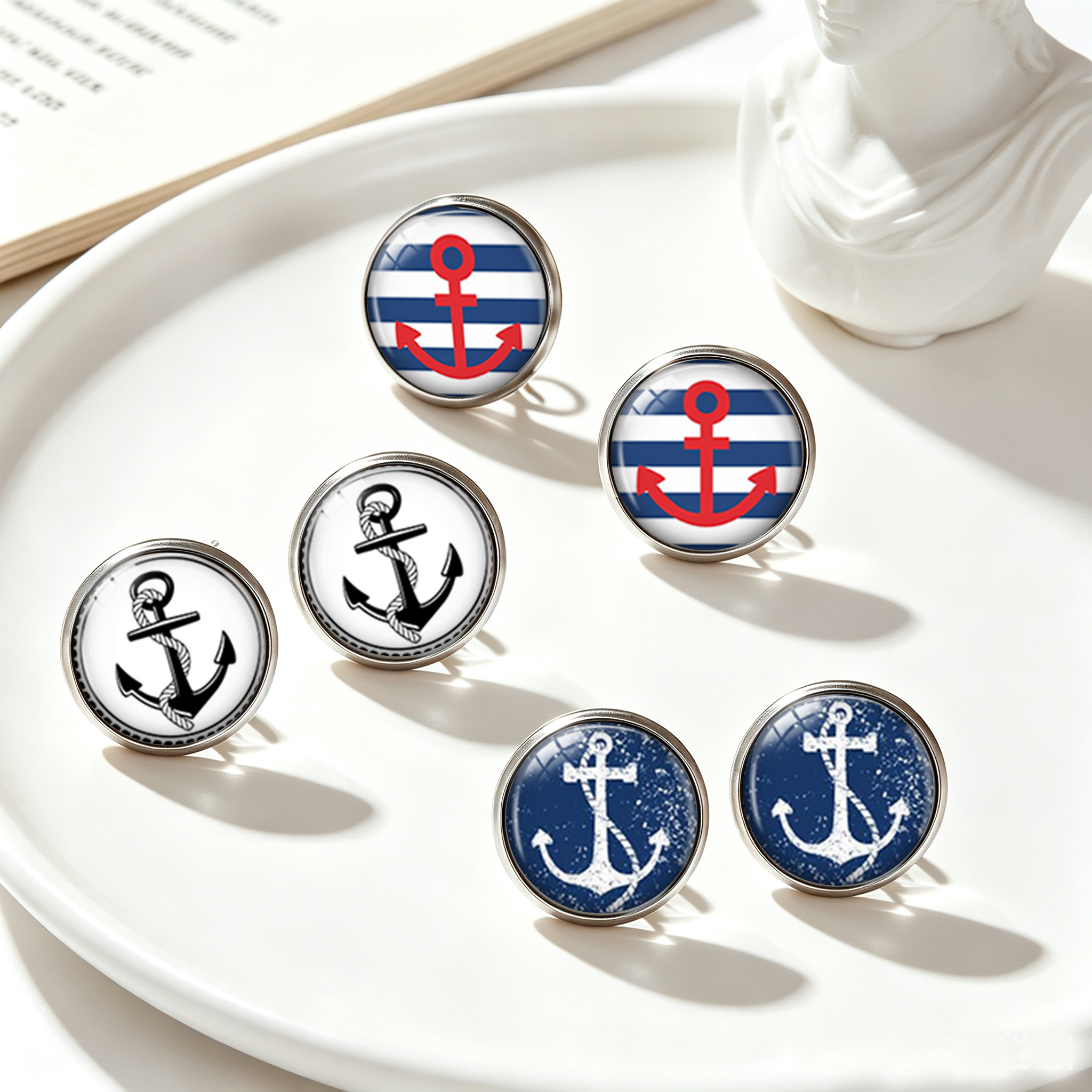 TEMU 3 Pairs Retro Time Round Stud Earrings Set, Blue White Striped Distressed Anchor Nautical Style Travel Niche Fresh Ear Jewelry, Without Battery