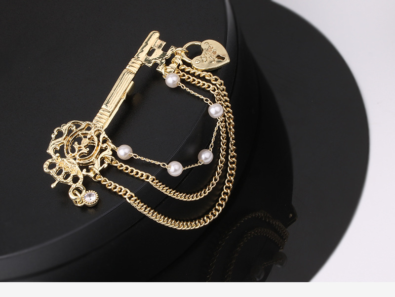   elegant key shaped brooch with rhinestones irregular pearl and chain tassel fashion korean style trendy pin accessory for women and men details 6