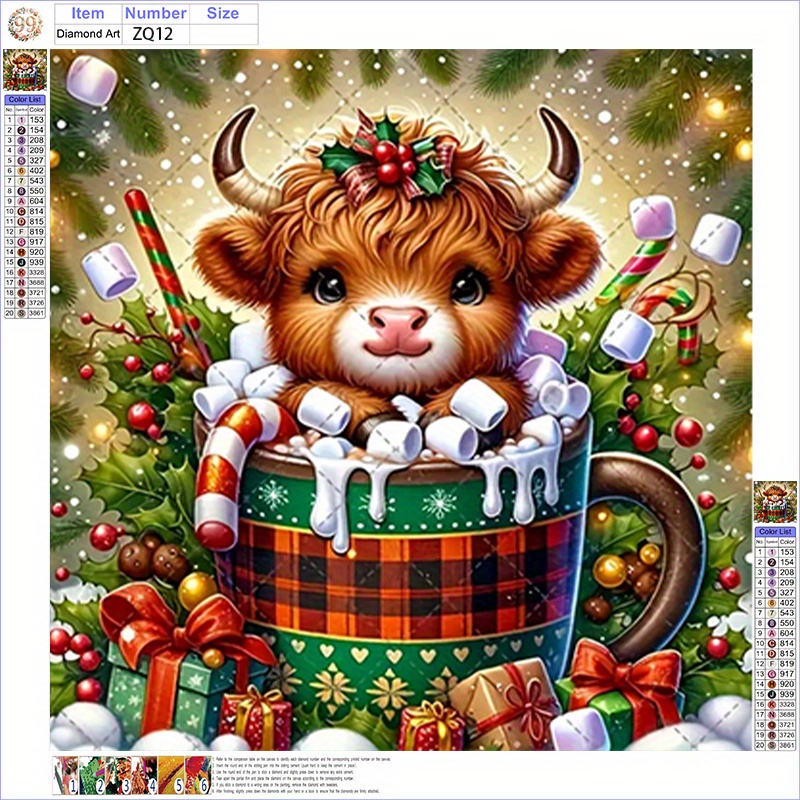 TEMU New! 5d Diamond Painting Kit - Christmas Highland Cow, Cute Little Cows In Checkered Mugs And Candy. Beginner-friendly, Ideal For Home Or Office