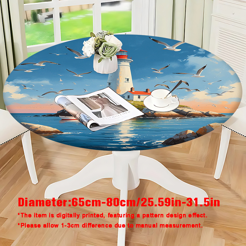 TEMU 1pc 2d Flat Printing Round Elastic Tablecloth, Lighthouse And Seagull Pattern, Nordic Style, Suitable For Round Dining Tables, Polyester