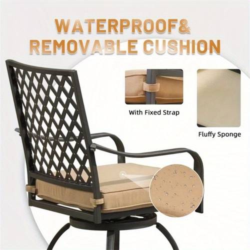 2pcs outdoor swivel bar stools with cushions all weather bistro set for garden balcony backyard deck high seating for relaxing and entertaining khaki