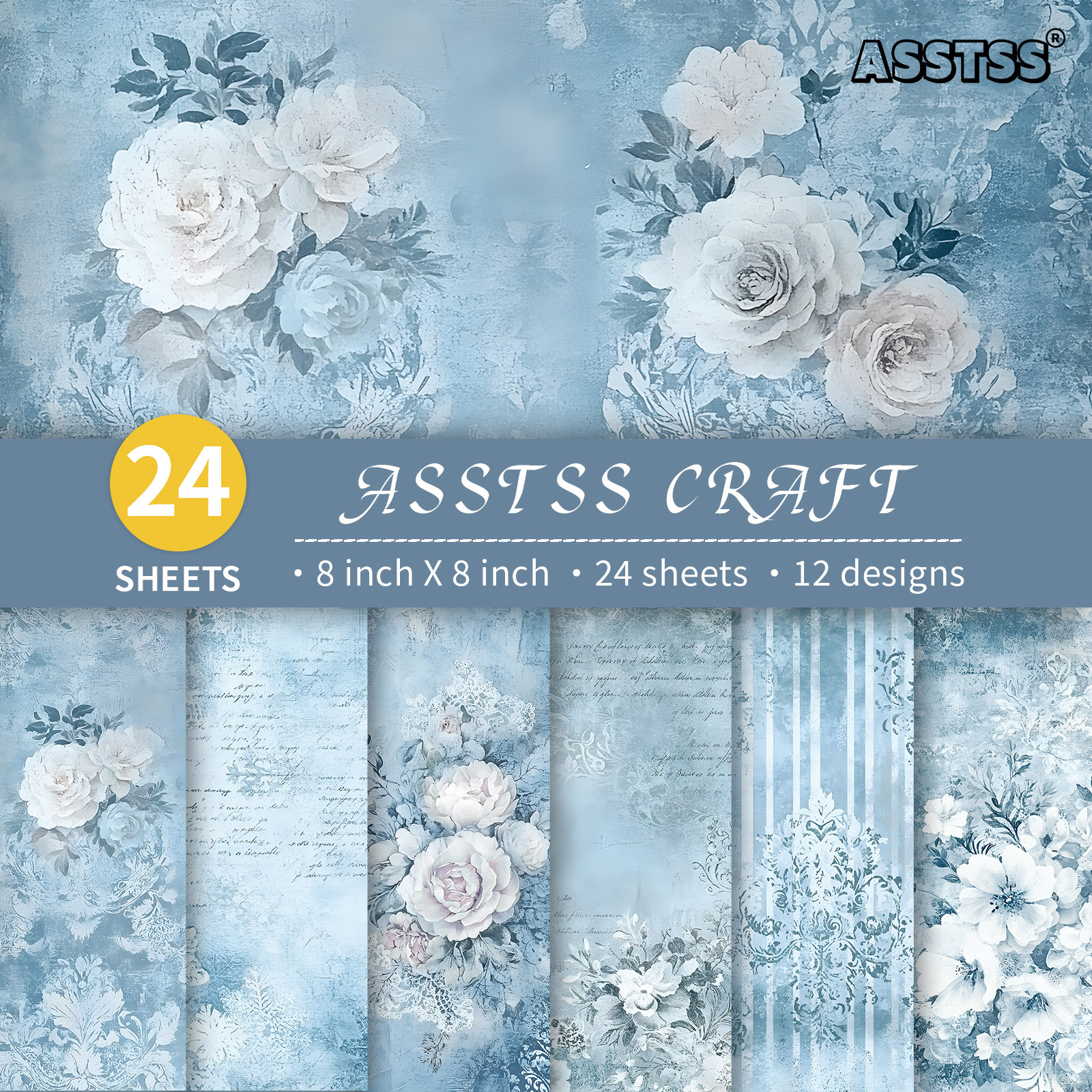 TEMU Bloc de papier de scrapbooking ASSTSS 24 feuilles 8*8 pouces, fournitures de papier de support floral bleu vieilli, carton épais pour journal,